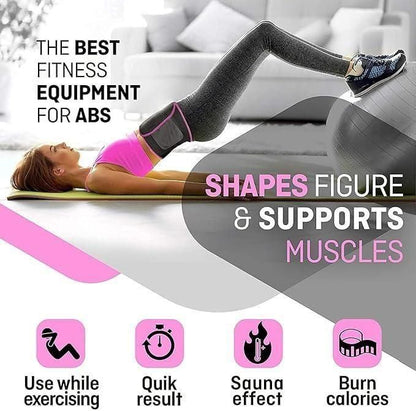 Person exercising on a mat with text about fitness equipment for abs.