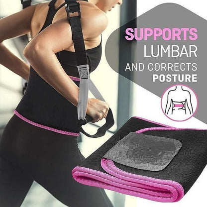 Person wearing a black and pink posture corrector with text indicating support for lumbar and posture correction.
